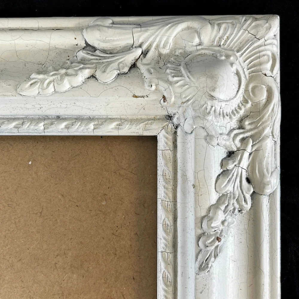 Vtg Picture Frame Ornate White Crackle 14.5x17.5